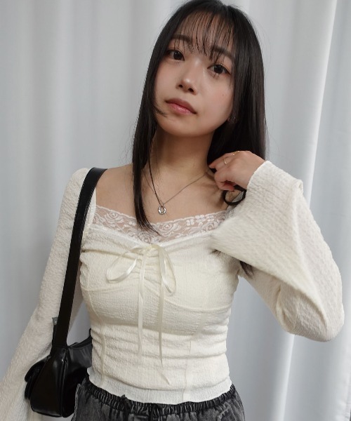 Lots of Love tシャツ フロントリボンレーススリムトップス レディース