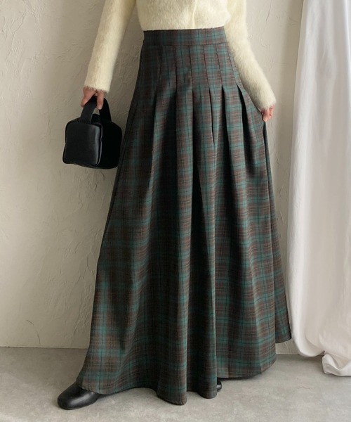 She's Closet スカート Aラインフレアロング丈タックプリーツチェック