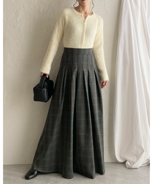 【美品】 Drawer コットンシルク チェック プリーツスカート 40 She's Closet スカート Aラインフレアロング丈タックプリーツチェック
