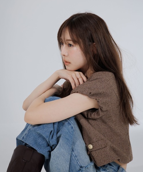 ジャケット ノーカラージャケット tweed balloon sleeve jacket