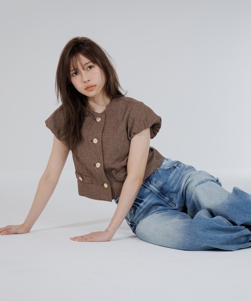 ジャケット ノーカラージャケット tweed balloon sleeve jacket