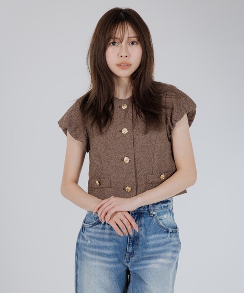 ジャケット ノーカラージャケット tweed balloon sleeve jacket