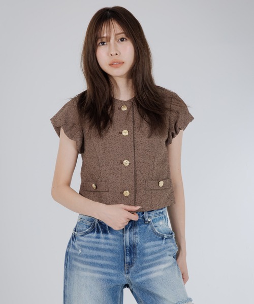 ジャケット ノーカラージャケット tweed balloon sleeve jacket