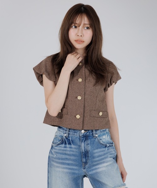 ジャケット ノーカラージャケット tweed balloon sleeve jacket