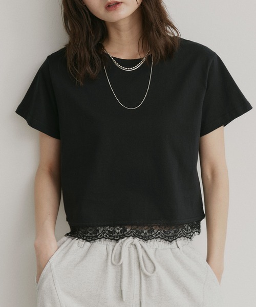 ad thie（アドティエ） tシャツ 半袖 レース ドッキング ショート丈 T