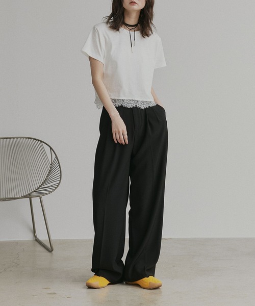 ad thie（アドティエ） tシャツ 半袖 レース ドッキング ショート丈 T