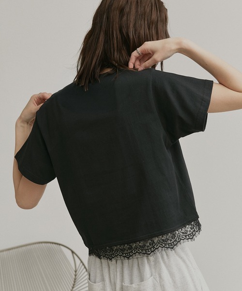 ad thie（アドティエ） tシャツ 半袖 レース ドッキング ショート丈 T