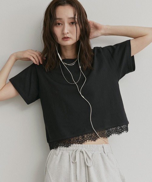 ad thie（アドティエ） tシャツ 半袖 レース ドッキング ショート丈 T