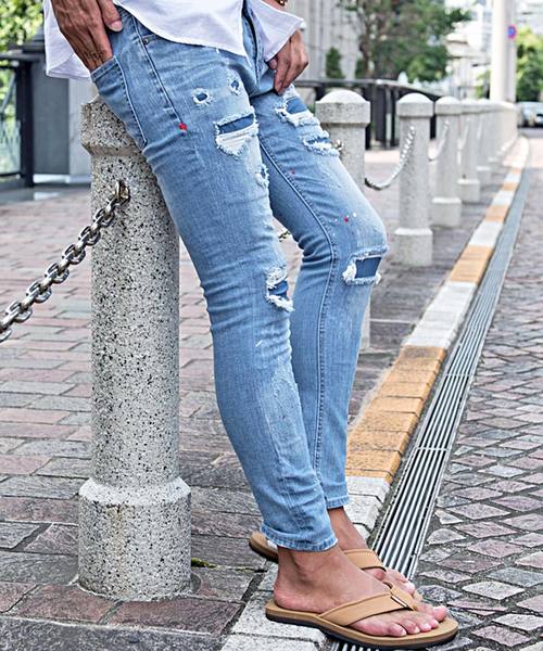 CavariA メンズ スキニー ダメージリペア加工 42サイズ キャバリア CavariA CavariA ダメージスキニーデニムパンツ （I