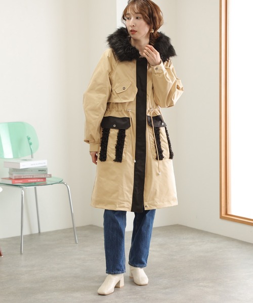 ElegChic モッズコート コート 取外しフェイクファー付配色中綿コート