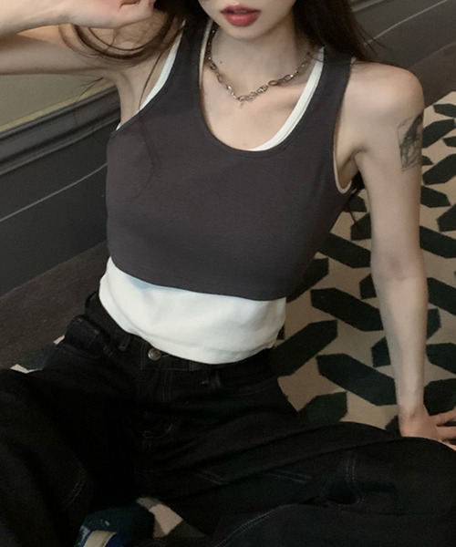 DAY CLOSET タンクトップ ノースリーブ レディース レイヤード風アシメ