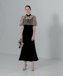 激安ブランド Leja ドレス 「LEJA」配色パイピング花柄刺繍ボレロ付きベロア ワンピース