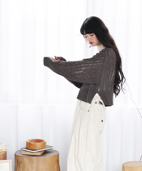 Aphlotus ニット セーター はしご編み クロップド丈 プル