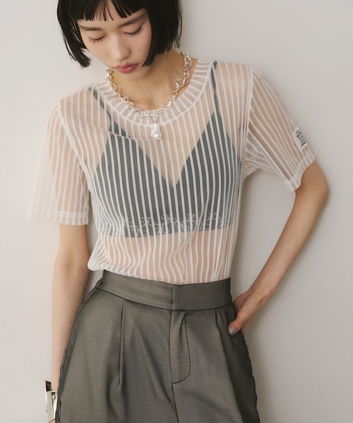 tシャツ ストライプチュール切替トップス レディース Tiaclasse tシャツ ストライプチュール切替トップス レディース