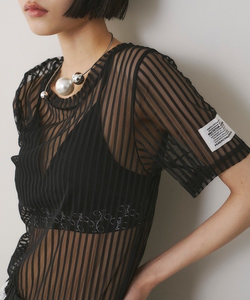 tシャツ ロゴストライプ柄チュールシアートップス レディース ロゴストライプ柄チュールシアートップス（Tシャツ/カットソー