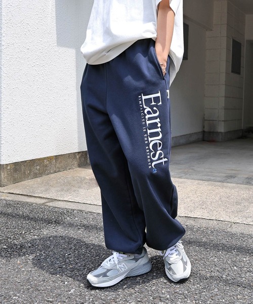 An MILLE ワンショルロゴスウェット ワイドロゴスウェットパンツ ブルー ANME ワイドパンツ スウェットパンツ ジャージ Earnestスウェット
