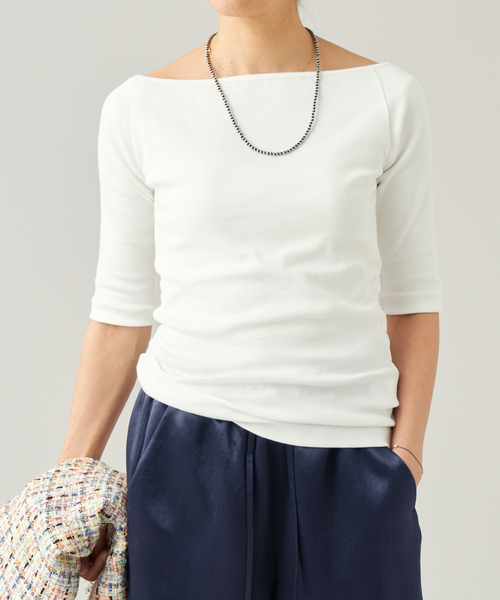 【美品】IENA LA BOUCLE イエナ ラ ブークル カットソー ホワイト 白 サイズ:FREE | 25春夏 コンパクトベア ボートネック カットソー | 5分袖 オフショルダー リブ コットン | トップス Tシャツ 日本製【レディース】【中古】 IENA LA BOUCLE（イエナラブークル） tシャツ コンパクトベアボート