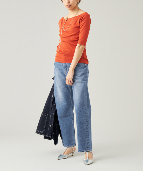 【美品】IENA LA BOUCLE イエナ ラ ブークル カットソー ホワイト 白 サイズ:FREE | 25春夏 コンパクトベア ボートネック カットソー | 5分袖 オフショルダー リブ コットン | トップス Tシャツ 日本製【レディース】【中古】 IENA LA BOUCLE（イエナラブークル） tシャツ コンパクトベアボート