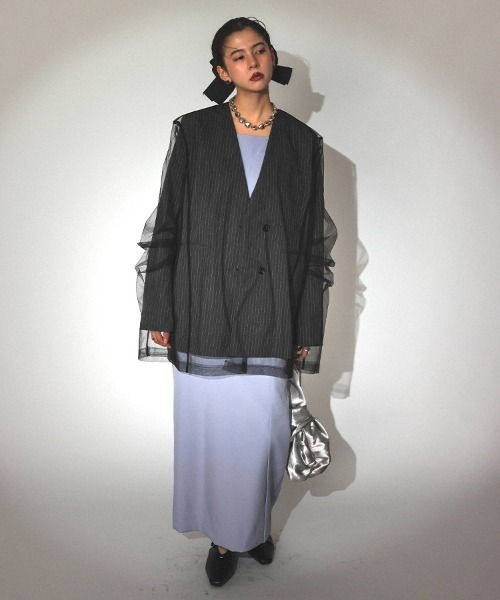 ジャケット・アウター ANDRESD stripe layered tulle jacket DONOBAN ジャケット ノーカラージャケット 「ANDRESD」stripe