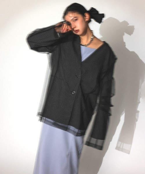 ジャケット・アウター ANDRESD stripe layered tulle jacket DONOBAN ジャケット ノーカラージャケット 「ANDRESD」stripe
