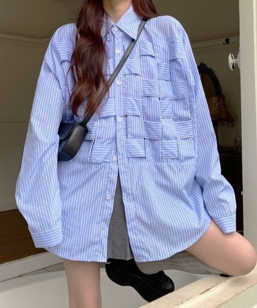 FreeZone シャツ ストライプチェック編みデザインシャツ メンズ