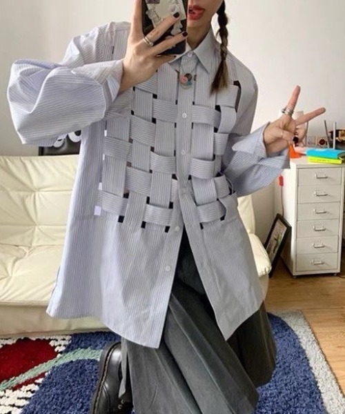 慈雨ストライプデザインシャツ FreeZone シャツ ストライプチェック編みデザインシャツ メンズ