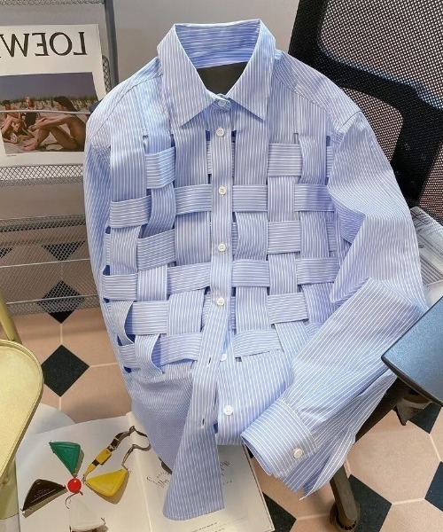 FreeZone シャツ ストライプチェック編みデザインシャツ メンズ