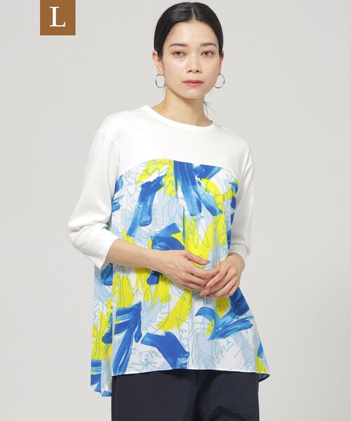 tシャツ 「L」「ウォシャブル」フラワープリントコンビカットソー レディース