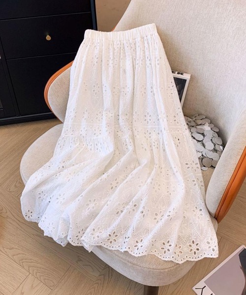 ローレン ラルフローレン　レース　ロングスカート　コットン　刺繍　インド製 洗える/インド綿100％】ふわっと揺れる ティアード刺繍スカート