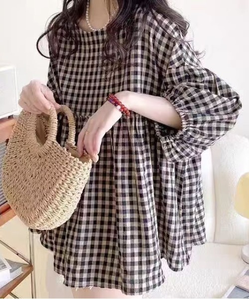 FAVORITO tシャツ 半袖 パフスリーブチェック柄トップス レディース
