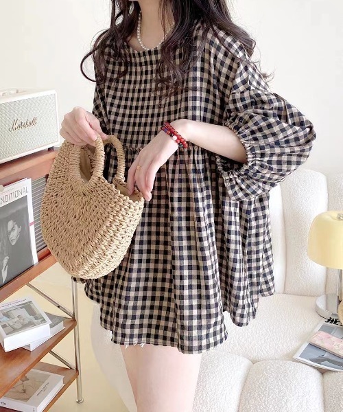 FAVORITO tシャツ パフスリーブチェック柄トップス レディース