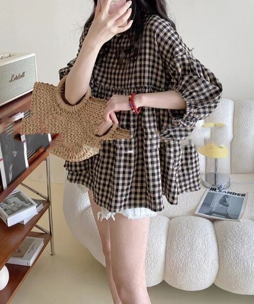 FAVORITO tシャツ パフスリーブチェック柄トップス レディース