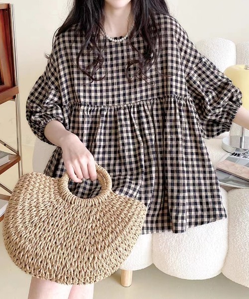 FAVORITO tシャツ 半袖 パフスリーブチェック柄トップス レディース