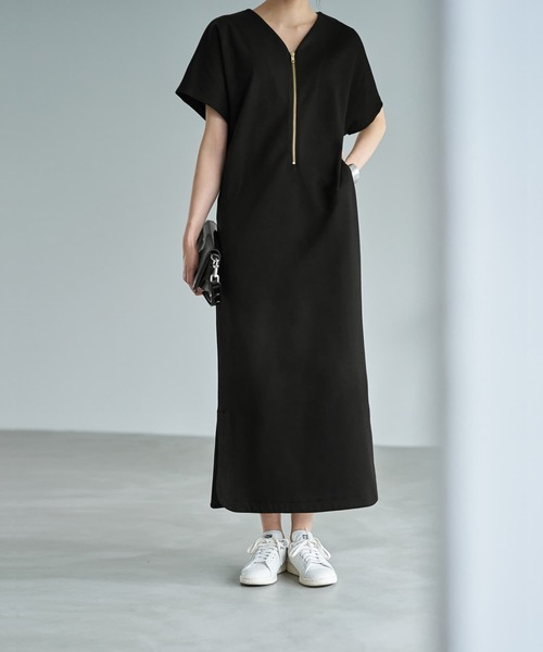 フロントジップワイドカットソーワンピース STYLE DELI ワンピース フロントジップカットソーワンピースB