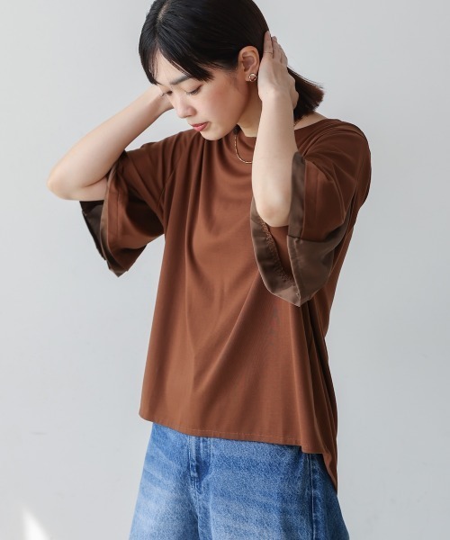 tシャツ 袖フレアサテン切替カットソー レディース