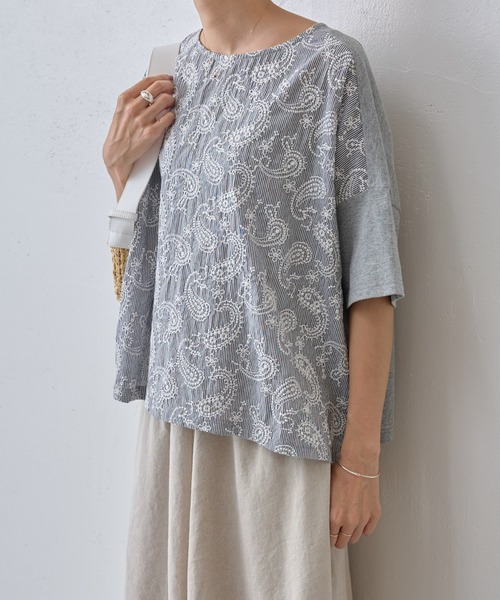ビアズリー 刺繍 半袖 カットソー BEARDSLEY フリーサイズ グレー ビアズリー 刺繍 半袖 カットソー BEARDSLEY フリーサイズ