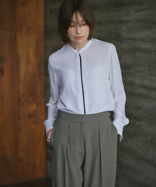 ICB（アイシービー） ブラウス シャツ BackSatinAmunzen バンドカラー