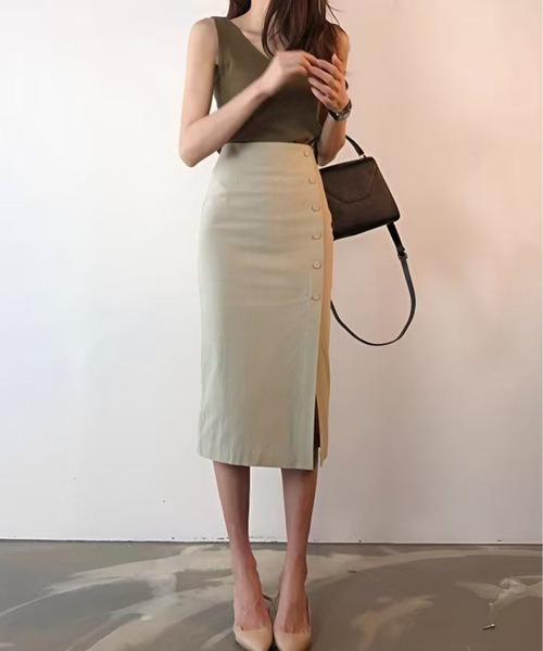 たあさま専用 AsheKsha スカート バイカラーボタンデザインタイトスカート／スリット