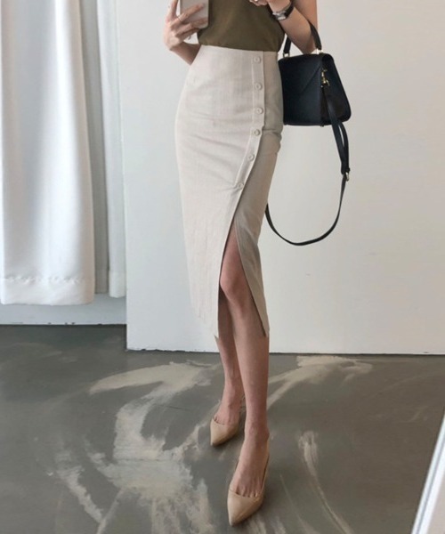 AsheKsha スカート バイカラーボタンデザインタイトスカート／スリット