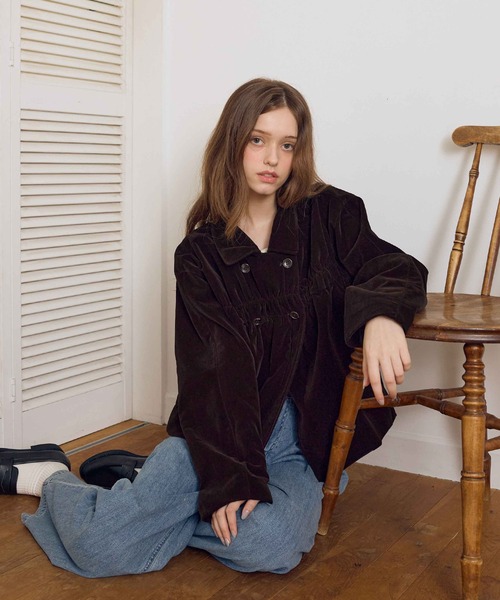 soyun コート アウター ダブルボタンベルベットジャケット レディース