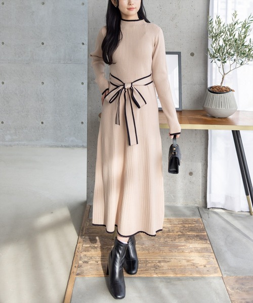 CLEAR BASIC ワンピース 配色リボンフレアロングニットワンピース