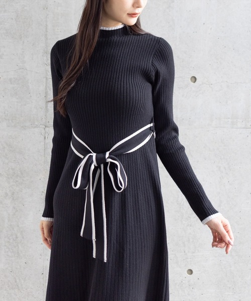 CLEAR BASIC ワンピース 配色リボンフレアロングニットワンピース