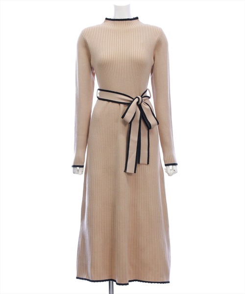 CLEAR BASIC ワンピース 配色リボンフレアロングニットワンピース