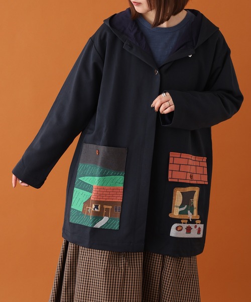 コート アウター EMAGO お家刺繍ミドルコート レディースの画像