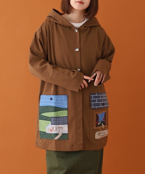 コート アウター EMAGO お家刺繍ミドルコート レディースの画像