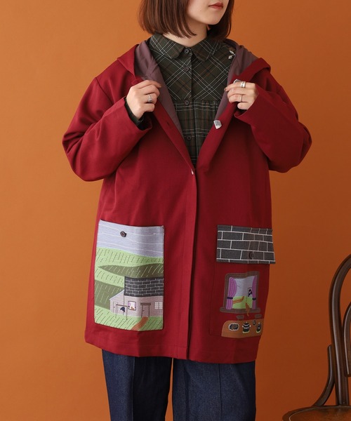 コート アウター EMAGO お家刺繍ミドルコート レディースの画像
