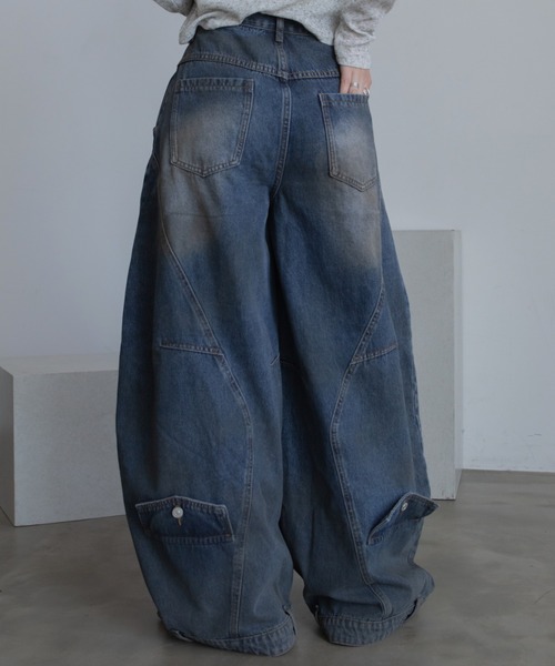 ワイドパンツ ジーンズ ラップライク裾デザインワイドデニム メンズ