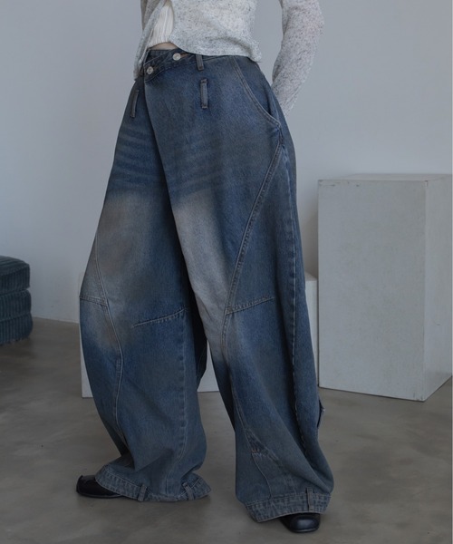 ワイドパンツ ジーンズ ラップライク裾デザインワイドデニム メンズ