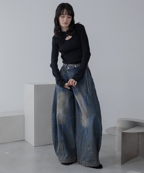 ワイドパンツ ジーンズ ラップライク裾デザインワイドデニム メンズ