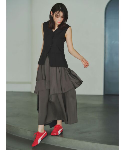 ワンピース ティアードスカートドッキングベストワンピース「セットアップ対応」「夏服」「オフィスカジュアル」の画像